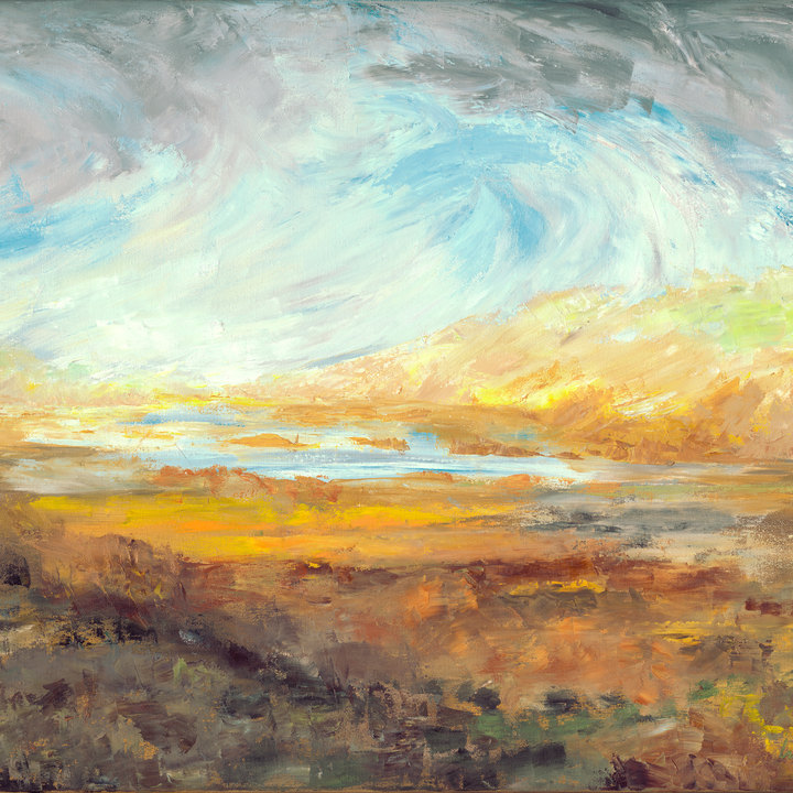Gemalte schottische Landschaft mit Himmel, Wasser und Bergen